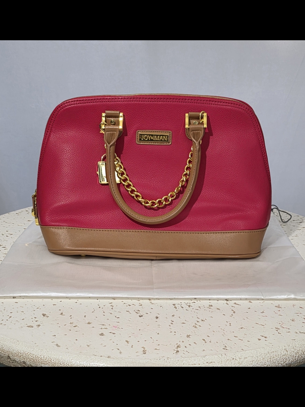 Joy & Iman Fuchsia Pink Pebble Leather Dome Satchel Bag Organizer Travel Purse